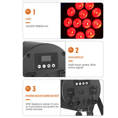 Luz de escenario al aire libre IP65 impermeable 18x20W LED Par RGBWA+UV 6 en 1 DMX512 Luz de lavado para fiesta de bodas Facade de edificio de eventos de discoteca
