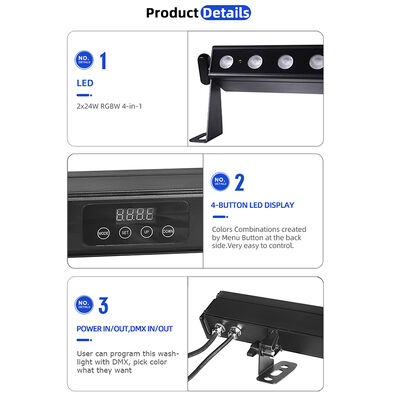 2x12W/24W RGBW 4-in-1 IP65 Battery Powered LED Wall Washer Bar — Cordless Wireless DMX512 Wash Light for Stage, Building & Events