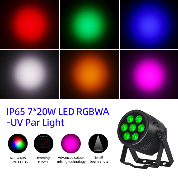 Luzes de par LED 6 en 1 Luzes de escenario 7x20W RGBWA-UV DMX512 Control Luces de DJ al aire libre para eventos de bodas